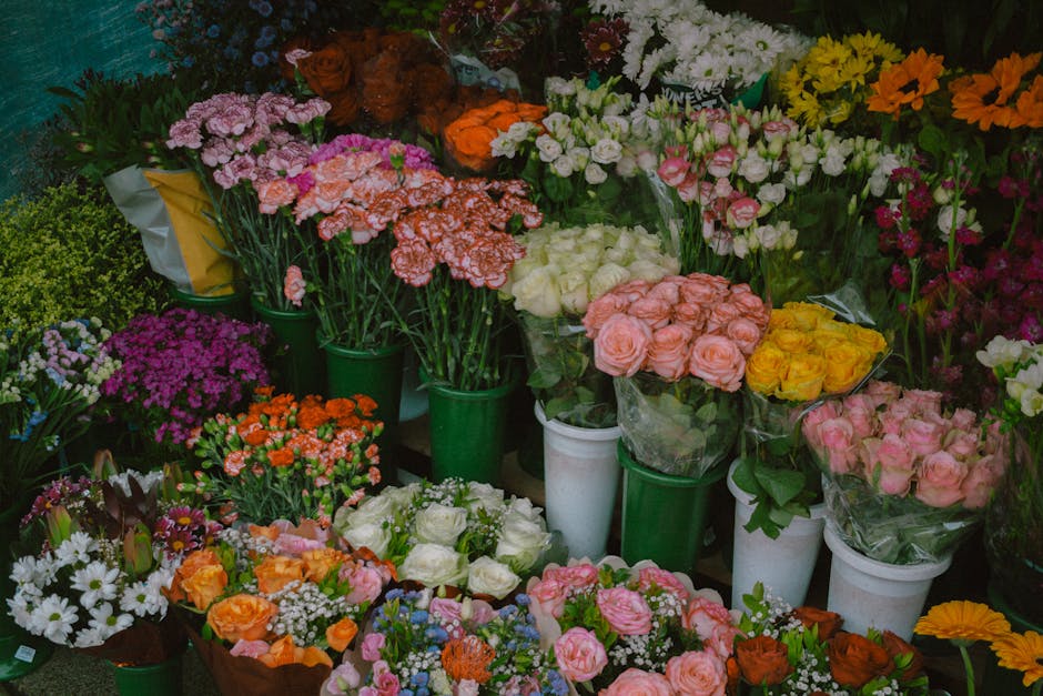 An array of fresh floral arrangements displayed in green and white pots and wrapping, featuring a variety of flowers including pink, orange, yellow, white, and purple blossoms. The bouquet arrangement