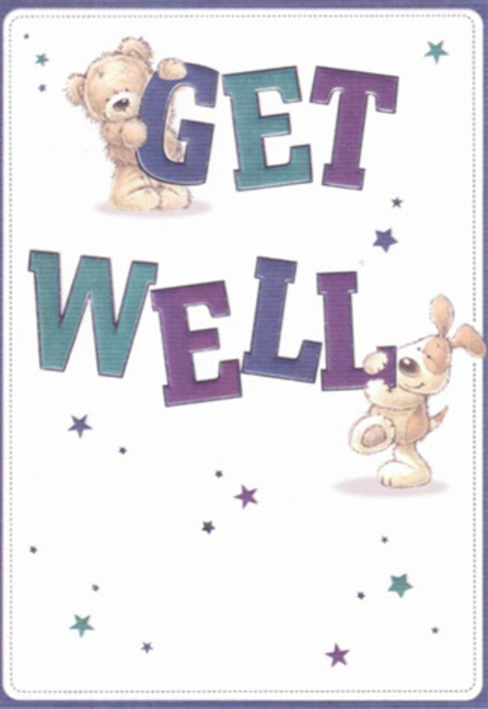 Celebrating gentle encouragement, this get well card features artful illustrations that feel right at home in St Mary Cray-a setting known for its friendly streets and open-hearted community. A soft brown bear with plush fur, exuding warmth, leans over the rounded 'GET' letters, while a floppy-eared puppy, full of life, beams from below 'WELL.' Around them, playful stars in gradients of purple and teal float on a crisp, immaculate background, mirroring the hopeful energy of wildflowers along the local riverbank. The typography is large and inviting-its purples and aquas steady and reassuring, much like a heartfelt message accompanying a bouquet from a trusted St Mary Cray florist. There's a tactile sense of softness; you almost feel the velvety puppy ear and the gentle bear paw, both comforting presences. Imagine sending this card together with a hand-crafted floral arrangement-together, they deliver a dose of brightness and caring, perfectly suited for uplifting someone's spirits at home or in recovery within St Mary Cray.